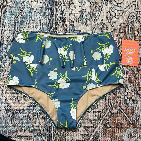 NWT Kortni Jeane Peplum Ruffle Floral High-Waisted Bikini Bottom Blue Medium - Picture 2 of 8